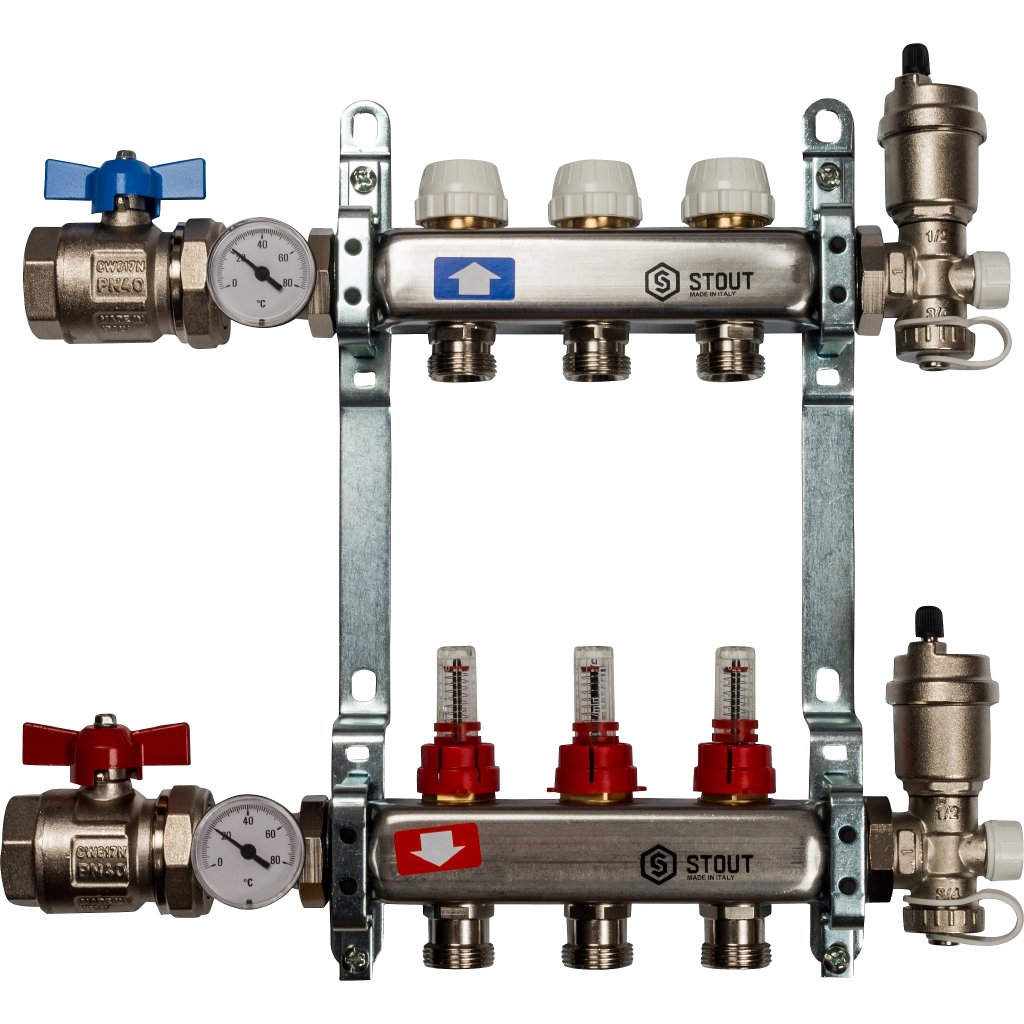 Коллекторная группа для теплых полов 3 выхода (полный комплект(краны, термометры, воздухоотводчики, сливники) 1*3/4 с расходомерами нержавейка STOUT