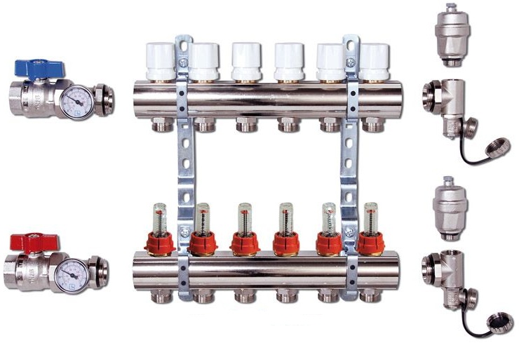Коллекторная группа для теплых полов 6 выходов полный комплект (краны, термометры, воздухоотводчики, сливники) 1*3/4 с расходомерами нержавейка Vieir